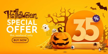 Illustration for 35 percents off. Halloween sale banner template. Podium and numbers with amount of discount. Special October offer. Vector illustration. - Royalty Free Image