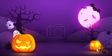 Téléchargez les illustrations : Fond nuit Halloween avec citrouilles, arbres, chauves-souris et fantômes. Illustration vectorielle - en licence libre de droit