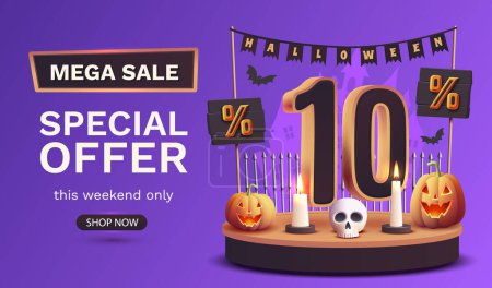 Illustration for 10 percents off. Halloween sale banner template. Podium and numbers with amount of discount. Special October offer. Vector - Royalty Free Image