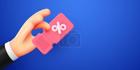 Illustration for 3d hand holds a coupon with percentages for various discounts and sales of goods and online movie tickets. Vector illustration - Royalty Free Image