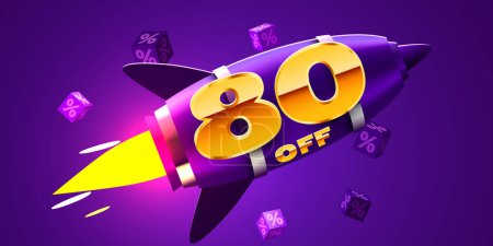 Illustration for 80 percent Off. Discount creative composition with rocket. Mega Sale. Vector illustration. - Royalty Free Image