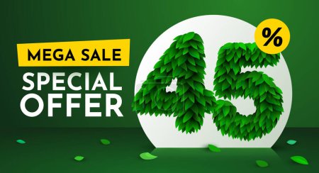 Illustration for 45 percent Off. Discount creative composition. Sale brochure with font made from leaves. Sale banner and poster. Vector illustration. - Royalty Free Image