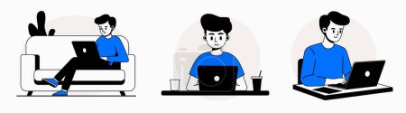 Illustration for Man works at a laptop. Simple stile. Work at home. Collection of vector illustrations. - Royalty Free Image