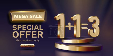 Illustration for Special offer One plus one equals three, sale off poster. Vector - Royalty Free Image