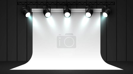 Illustration for Studio spotlights. Realistic photo studio with professionals equipment. Vector illustration - Royalty Free Image