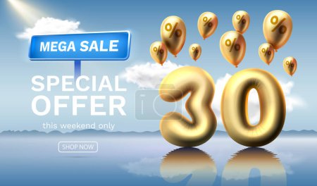 Illustration for Mega sale special offer 30 Off. Discount number off of balloons against the celestial background. Sale banner and poster. Vector - Royalty Free Image