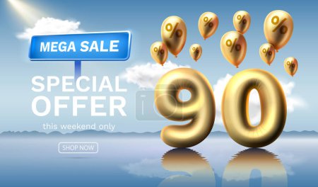 Illustration for Mega sale special offer 90 Off. Discount number off of balloons against the celestial background. Sale banner and poster. Vector - Royalty Free Image