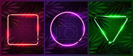 Illustration for Neon frame set with tropical leaves on brick wall background. Retro banner. Vector illustration - Royalty Free Image
