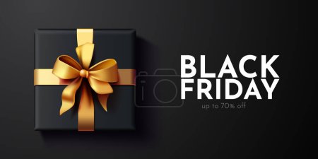 Illustration for Premium black friday promo banner. Gift box with golden bow. Vector illustration - Royalty Free Image
