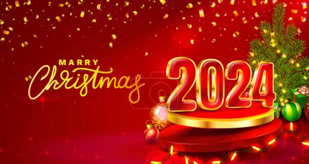 Téléchargez les illustrations : Mariez Noël 2024, bonne année, numéros dorés 3d, cadeaux et jouets près de l'arbre. Vecteur - en licence libre de droit