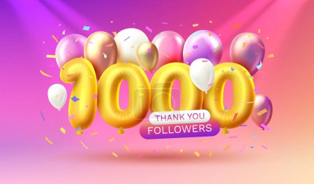Illustration for Thank you 1000 followers, peoples online social group, happy banner celebrate, Vector - Royalty Free Image