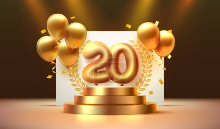 Téléchargez les illustrations : Anniversaire de l'anniversaire, numéro 20 sur le podium avec des ballons dorés. Vecteur - en licence libre de droit
