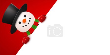 Illustration for Happy smiling snowman standing behind a blank sign. Christmas and New year banner. Vector illustration. - Royalty Free Image
