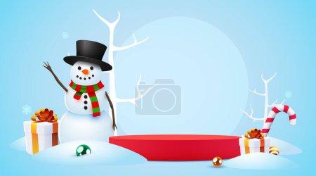 Illustration for Winter landscape with snowy background, product banner, podium platform with snowman and present boxes. Vector illustration - Royalty Free Image