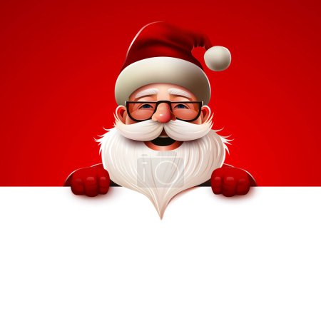 Ilustración de Feliz Santa Claus sonriente de pie detrás de una señal en blanco. Banner de Navidad y Año Nuevo. Ilustración vectorial. - Imagen libre de derechos