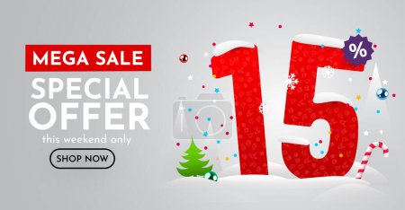 Illustration for 15 percent Off. Discount creative composition. Merry Christmas and Happy New Year. Sale banner and poster. Vector illustration. - Royalty Free Image