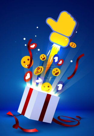 Ilustración de Caja de regalo abierta con emoji y explosión del pulgar. Marketing en redes sociales. Ilustración vectorial - Imagen libre de derechos