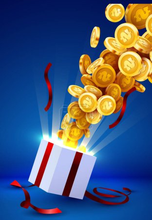 Illustration for Open gift box with coin explosion. Big win concept. Vector illustration - Royalty Free Image