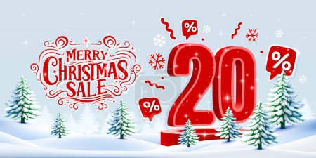 Illustration for Merry Christmas, 20 percent Off discount. Sale banner and poster. Vector - Royalty Free Image