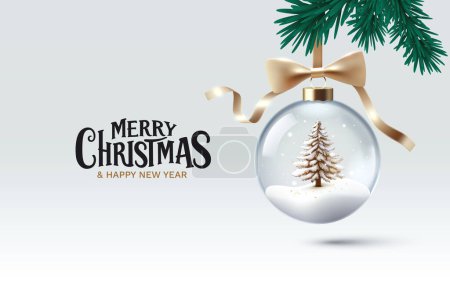 Téléchargez les illustrations : Joyeux Noël, boule de Nouvel An en verre avec sapin de Noël et neige. Vecteur - en licence libre de droit