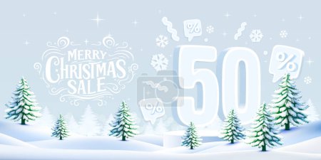 Illustration for Merry Christmas, 50 percent Off discount. Sale banner and poster. Vector - Royalty Free Image