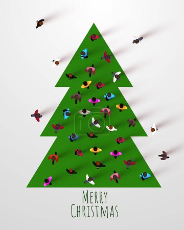 Téléchargez les illustrations : Grand groupe de personnes debout autour de l'arbre de Noël. La foule. Vue de dessus. Illustration vectorielle - en licence libre de droit