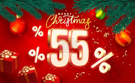 Illustration for Merry Christmas, 55 percent Off discount. Sale banner and poster. Vector - Royalty Free Image