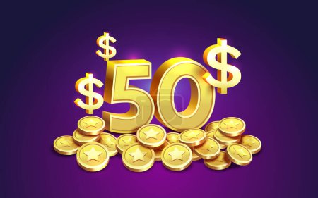 Ilustración de Reembolso de 50 dólares Porcentaje de monedas de oro, ahorro financiero. Vector - Imagen libre de derechos
