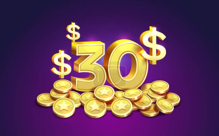 Ilustración de Reembolso de 30 dólares Porcentaje de monedas de oro, ahorro financiero. Vector - Imagen libre de derechos