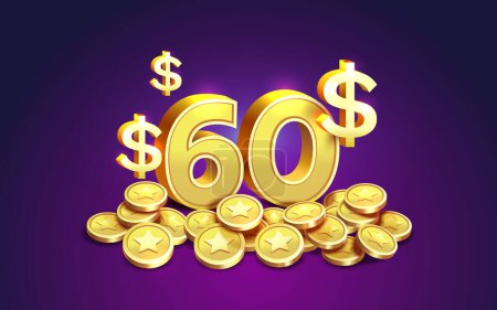 Ilustración de Efectivo 60 dólares Porcentaje de monedas de oro, ahorro financiero. Vector - Imagen libre de derechos
