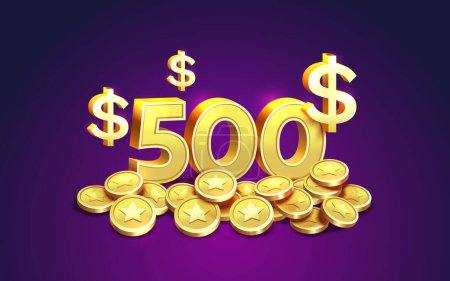 Illustration for Cash back 500 dollar Percentage golden coins, financial save off. Vector - Royalty Free Image