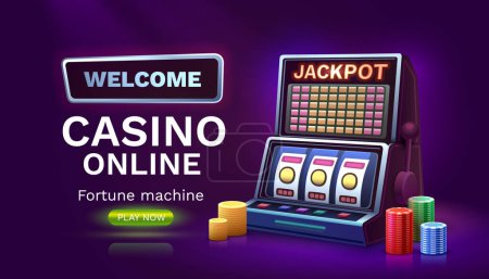 Ilustración de Ganador de máquinas tragamonedas de casino, fortuna de la suerte del jackpot, banner de victoria 777. Vector - Imagen libre de derechos