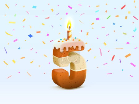 Téléchargez les illustrations : Joyeux anniversaire, anniversaire de la personne, bougie avec gâteau sous la forme de nombres 5. Vecteur - en licence libre de droit