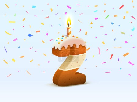 Ilustración de Feliz cumpleaños, aniversario de cumpleaños de la persona, vela con pastel en forma de números 2. Vector - Imagen libre de derechos
