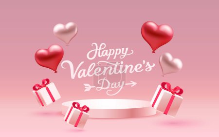 Illustration for Podium with heart and balloons of Happy Valentines Day, greeting card from February 14. Vector - Royalty Free Image