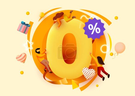 Illustration for 3d zero number with flying people. Zero percent commissions. Vector illusstration - Royalty Free Image