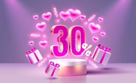 Illustration for Mega sale Valentines Day, special offer, 30 off sale banner. Sign board promotion. Vector - Royalty Free Image