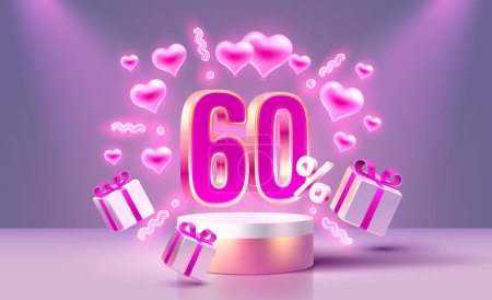 Illustration for Mega sale Valentines Day, special offer, 60 off sale banner. Sign board promotion. Vector - Royalty Free Image