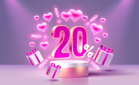 Illustration for Mega sale Valentines Day, special offer, 20 off sale banner. Sign board promotion. Vector - Royalty Free Image