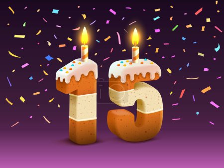 Illustration for Happy Birthday, person birthday anniversary, Candle with cake in the form of numbers 15. Vector - Royalty Free Image