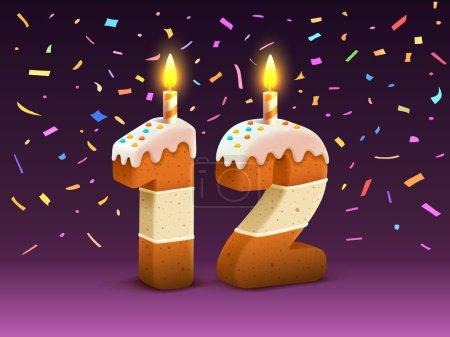 Téléchargez les illustrations : Joyeux anniversaire, anniversaire de la personne, Bougie avec gâteau sous la forme de nombres 12. Vecteur - en licence libre de droit