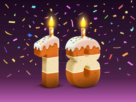 Téléchargez les illustrations : Joyeux anniversaire, anniversaire de la personne, bougie avec gâteau sous la forme de nombres 18. Vecteur - en licence libre de droit