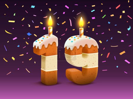 Illustration for Happy Birthday, person birthday anniversary, Candle with cake in the form of numbers 19. Vector - Royalty Free Image
