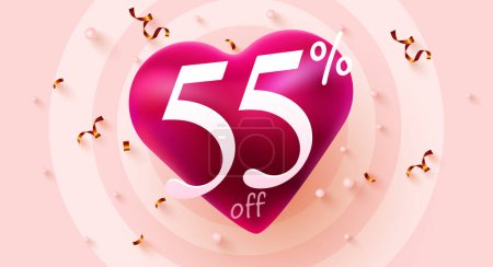 Illustration for 55 percent Off. Valentines day discount heart creative composition. Mega Sale. Vector illustration. - Royalty Free Image
