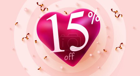 Illustration for 15 percent Off. Valentines day discount heart creative composition. Mega Sale. Vector illustration. - Royalty Free Image