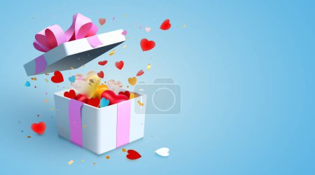 Illustration for 3d Present box explosion with hearts and confetti. Happy Valentines day. Vector illustration - Royalty Free Image