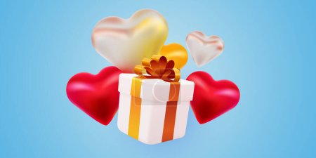 Illustration for Flying 3d Present box with hearts. Happy Valentines day. Vector illustration - Royalty Free Image