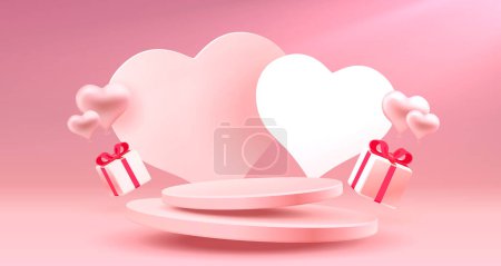 Illustration for Podium with heart and balloons of Happy Valentines Day, greeting card from February 14. Vector. - Royalty Free Image