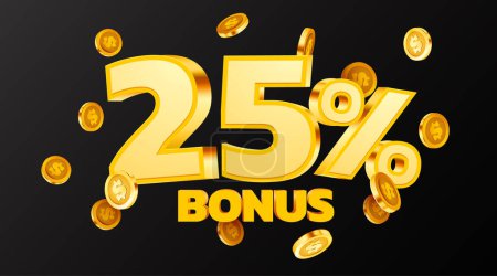 Illustration for 25 percents bonus. Falling golden coins. Cashback or prize concept. Vector illustration - Royalty Free Image