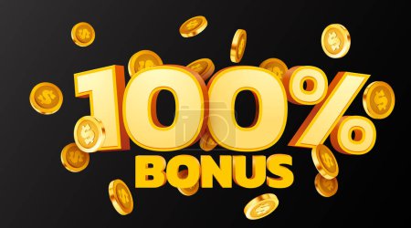 Illustration for 100 percents bonus. Falling golden coins. Cashback or prize concept. Vector illustration - Royalty Free Image
